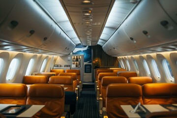 Empty first class cabin of an airplane waiting for passengers to board