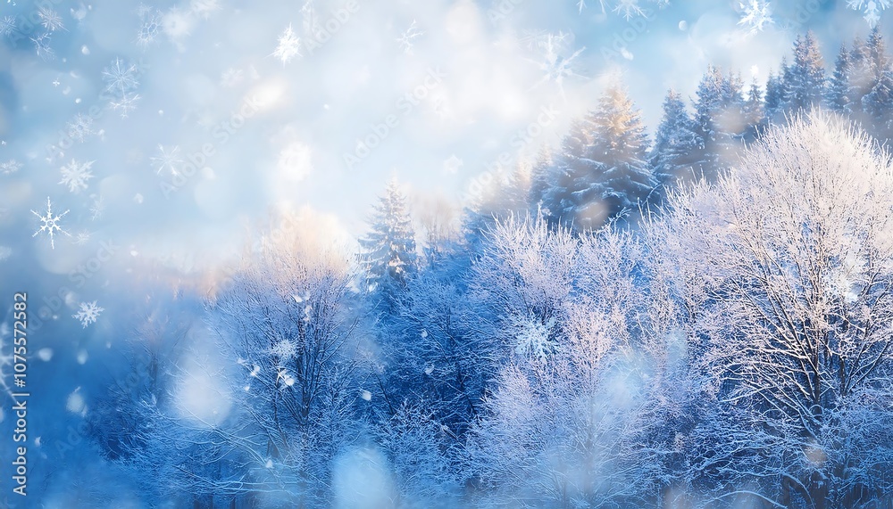 Poster  Winter forest scene with soft falling snowflakes on a light pastel background featuring_1(1970)