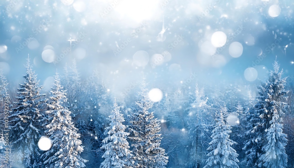 Poster  Winter forest scene with soft falling snowflakes on a light pastel background featuring bea_1(1968)