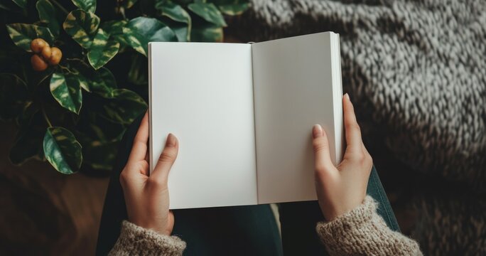 Hands holding blank white book mockup, cover mock up
