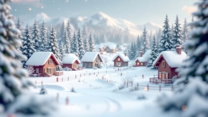 Fototapeta premium Scenic winter village landscape with snow-covered houses, pine trees, and mountains, peaceful snowy holiday atmosphere, idyllic countryside winter scene with fresh snowfall