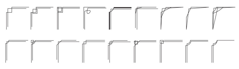 Set of simple line corner with double stroke. Easily editable vector edges with editable line thickness. Collection templates to decorate text. Greeting or wedding frames..eps