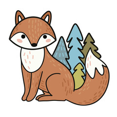 Vector drawing of a little cute fox. Sitting red fox with fir trees. Design element for children