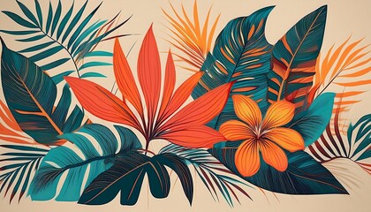  Vibrant tropical leaves and flowers on a cream background create a beautiful and trendy_1(1882)