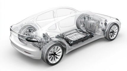 Transparent car with visible battery, chassis, and engine.