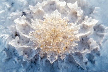 Fototapeta premium Intricate close-up of a snowflake with crystalline textures, capturing the delicate symmetry and beauty of winter's natural artistry.
