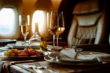 Luxurious dinner setting is awaiting a passenger on board a private jet