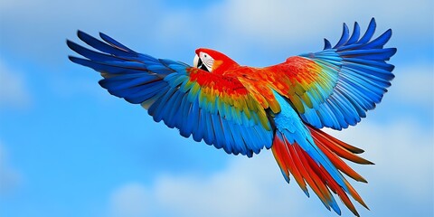 Obraz premium A Vibrant Macaw Soars Gracefully Through a Clear Blue Sky, Showcasing Its Colorful Plumage Against the Backdrop of Fluffy White Clouds, Evoking the Beauty of Wildlife in Nature
