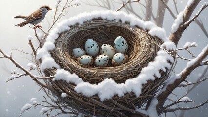 Fototapeta premium Sparrow near snowy nest with speckled blue eggs in winter setting