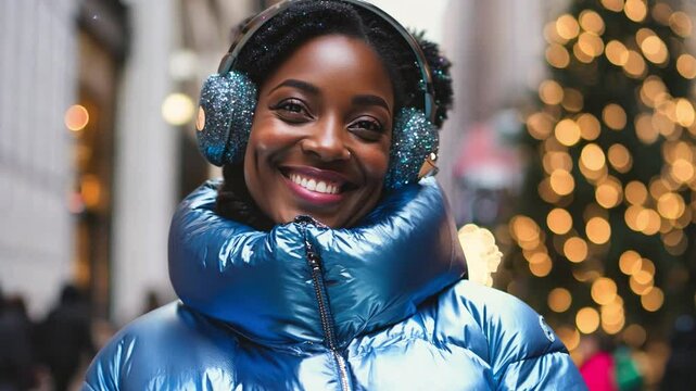 Joyful black woman wearing a blue puffer jacket and earmuffs in a festive urban setting during winter holiday season