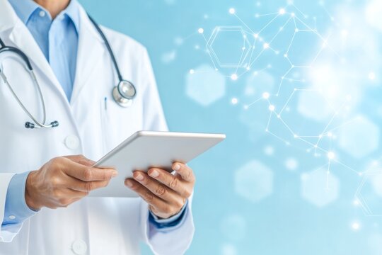 Person in a white coat holding a tablet device, representing modern digital healthcare and innovation in medicine