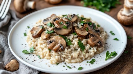 An exotic mushroom risotto with wild herbs on a white plate, Gourmet, Earth Day, inspired, exotic, mushrooms, risotto