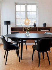 A modern dining space with an oval black wooden table and matching black chairs. Generative AI
