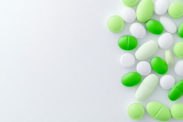Mixed assortment of green and white pills scattered on a light background, showcasing various shapes and sizes
