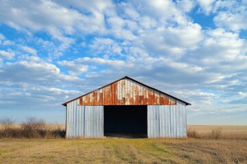 Old rusty barn standing in dry field under cloudy sky