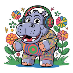 Vector design of a hippopotamus wearing headphones with flowers around it, isolated on white background, psychedelic art style