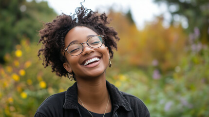 A joyful person smiling in a vibrant garden.