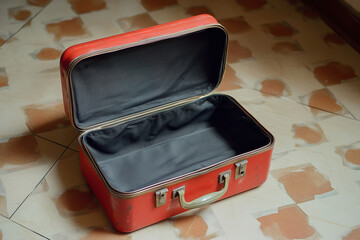 An empty vintage red suitcase sits open on a patterned floor, inviting memories of past travels and adventures. Generative AI