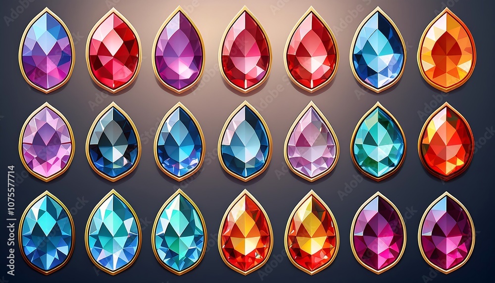 Poster set of precious stones in various cuts with colored gems featuring shapes like circles, tri_1(1589)