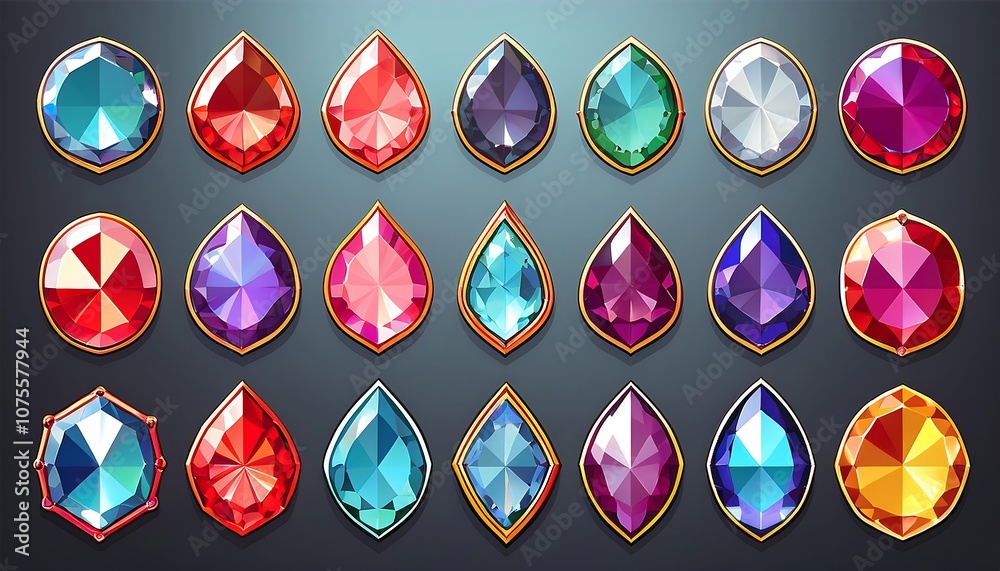 Poster set of precious stones in various cuts with colored gems featuring shapes like circles, tri_1(1588)