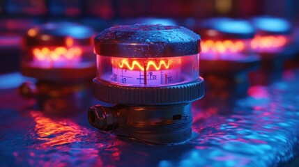 Close-up of a red glowing pressure gauge with water droplets.