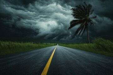  The Road to Storm- A dramatic scene of a long, winding road leading into a dark, menacing s_1(309). Beautiful simple AI generated image