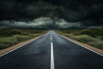 Fototapeta premium The Road to Storm- A dramatic scene of a long, winding road leading into a dark, menacing s_1(309). Beautiful simple AI generated image