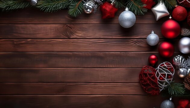  Rustic wooden background features a wide horizontal Christmas banner with red and silver de_1(1567)