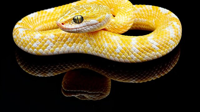 A yellow and white snake with a black background curls around itself