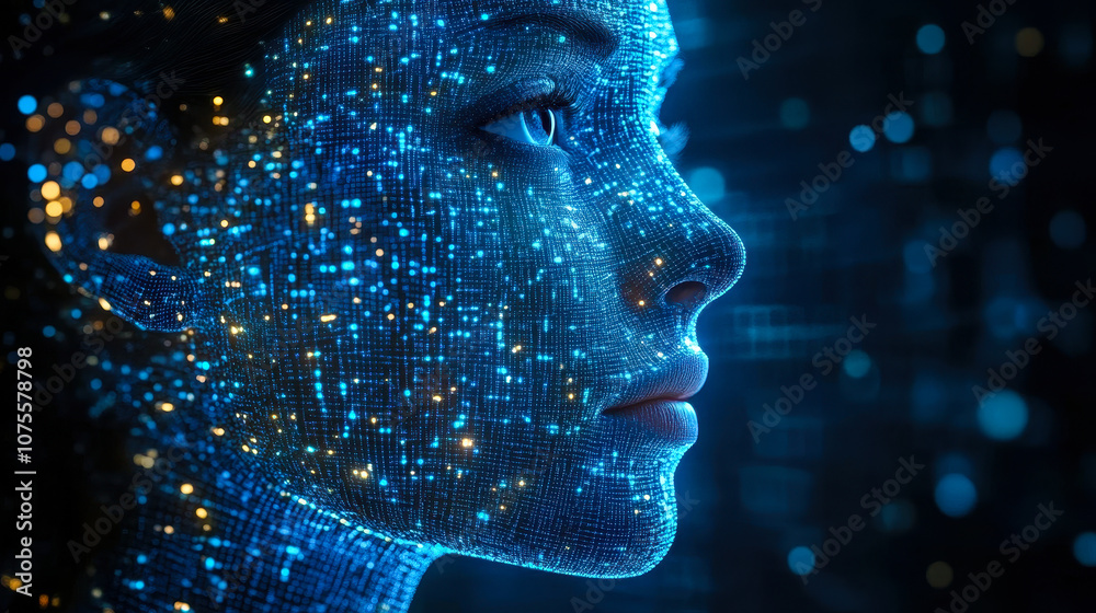 Poster artificial intelligence and facial recognition: digital face with data streams for security and iden