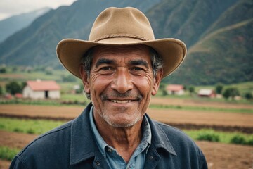 Fototapeta premium Close portrait of a smiling senior Peruvian male farmer standing and looking at the camera, outdoors Peruvian rural blurred background