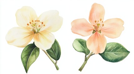 Watercolor illustration spring blossom flowers with light yellow and soft pink petals green leaves isolated on white background