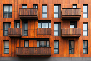 Fototapeta premium staggered wooden panels on a facade, creating a natural geometric texture.