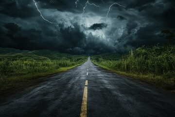 Road to the Moon - A Nighttime Drive Under the Stars and Milky Way. Beautiful simple AI generated image