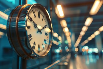 Clock face with roman numerals is telling time while hanging in a busy public building