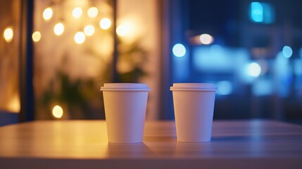 Fototapeta premium Two white coffee cups on a table in a cozy setting.