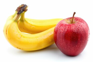 Apple Banana - Fresh Fruits: Yellow Banana and Ripe Red Apple on White Background