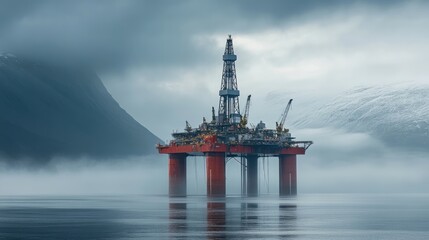 Offshore sea oil platform with mountains at the background. Natural gas and oil rig in the ocean in the North