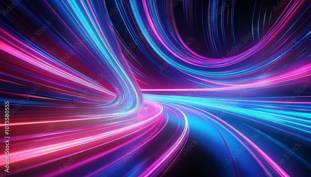 Poster neon lines and flowing stripes of blue and pink light curve through space in a futuristic s_1(1484)