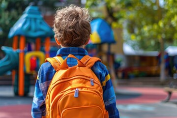 Backpack Kid. Schoolboy with Backpack on First Day of School, Back View