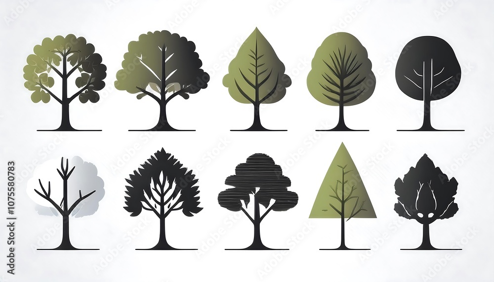 Poster  Modern flat style tree icons and vector silhouettes of trees are set against a simple white_1(1470)