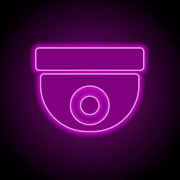 Security cam simple icon. Flat design. Purple neon on black background