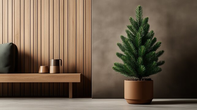 Modern minimalist interior with a Christmas tree or pine tree in a pot and a wooden wall