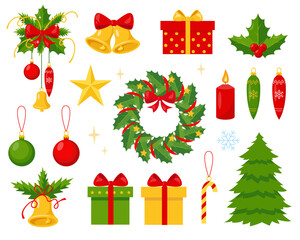 Set of Christmas decorations on white background. Elements for winter holiday design. Traditional New Year and Christmas symbols. Vector illustrations isolated.