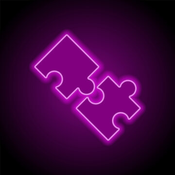 Puzzle simple icon vector. Flat design. Purple neon on black background