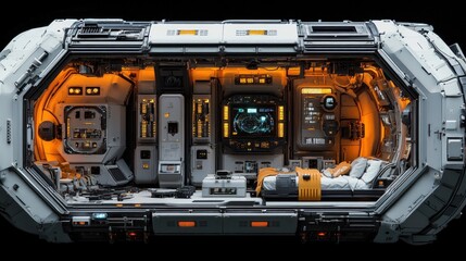 Futuristic interior of a spaceship with a bed, monitors, and control panels.