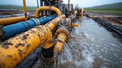 Industrial Water Pipes with Flowing Liquid in Rural Landscape. Key focus on water flow and utility infrastructure.