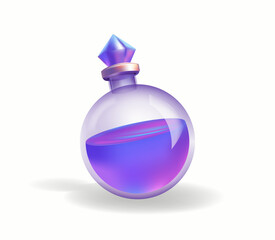 Magic bottle 3d bottle with glowing purple potion. Mystical bottle filled with liquid, for fantasy designs, games and magic illustrations. Cartoon 3d bottle with potion. Vector icon.