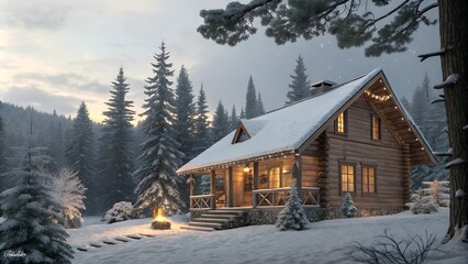 Naklejka premium Rustic cabin lit warmly in snowy forest setting, for tranquil holiday cards, web banners, or wintertime stories. Warm lighting contrasts snowy blue ambiance