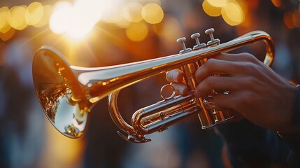 Fototapeta premium Closeup of a trumpet player's hand holding the instrument with the sunset in the background.